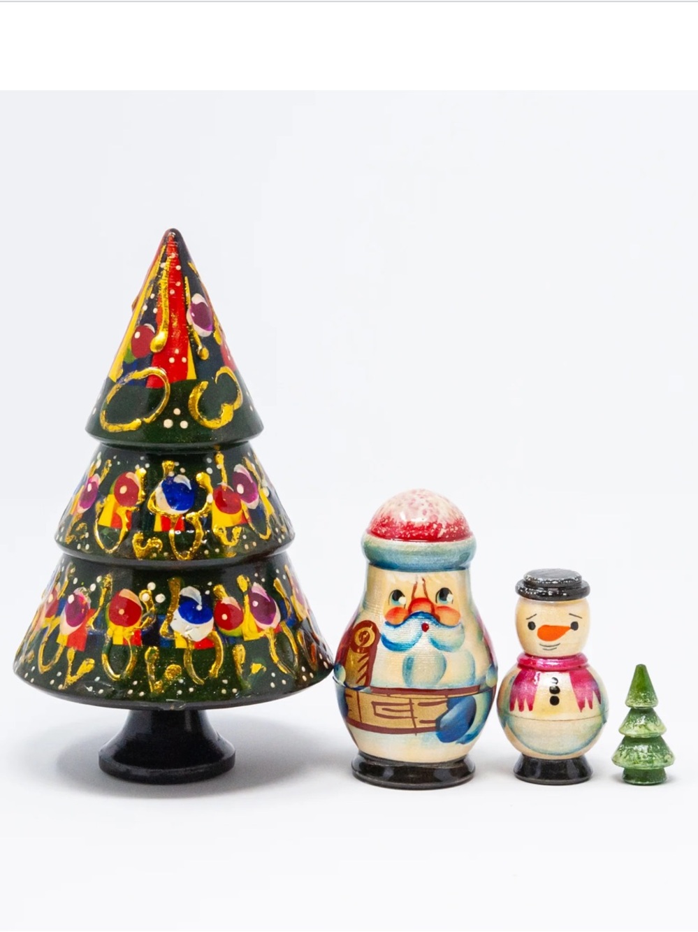 Vintage Hand-Painted Wooden Russian Nesting Matryoshka Christmas Tree Santa Snow